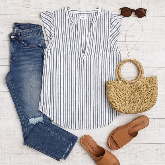 Old Navy | Linen-Cotton Striped Flutter Sleeve Top - Picture 11 of 12